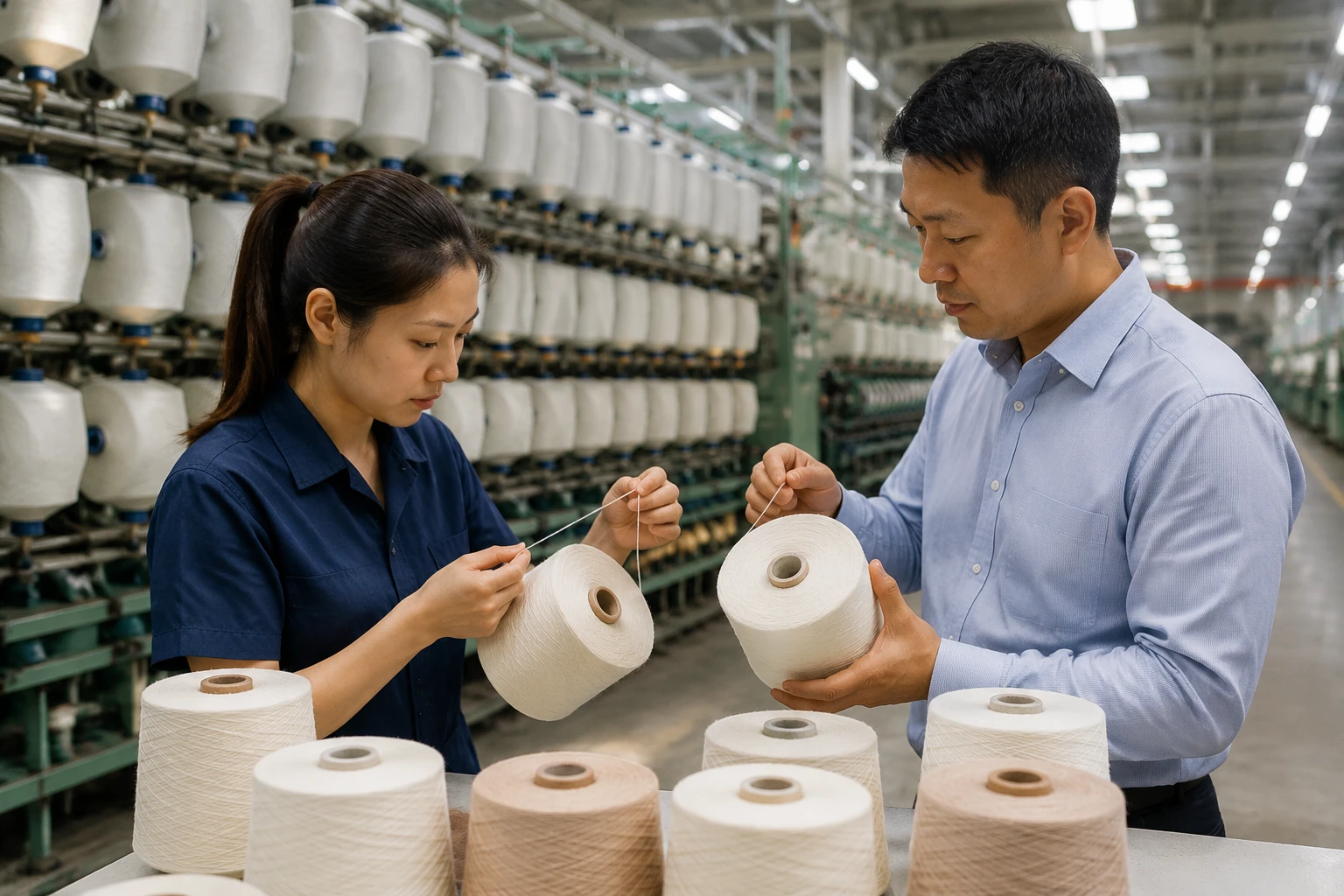 Kiểm tra các côn sợi tái sinh trước khi sản xuất dệt may