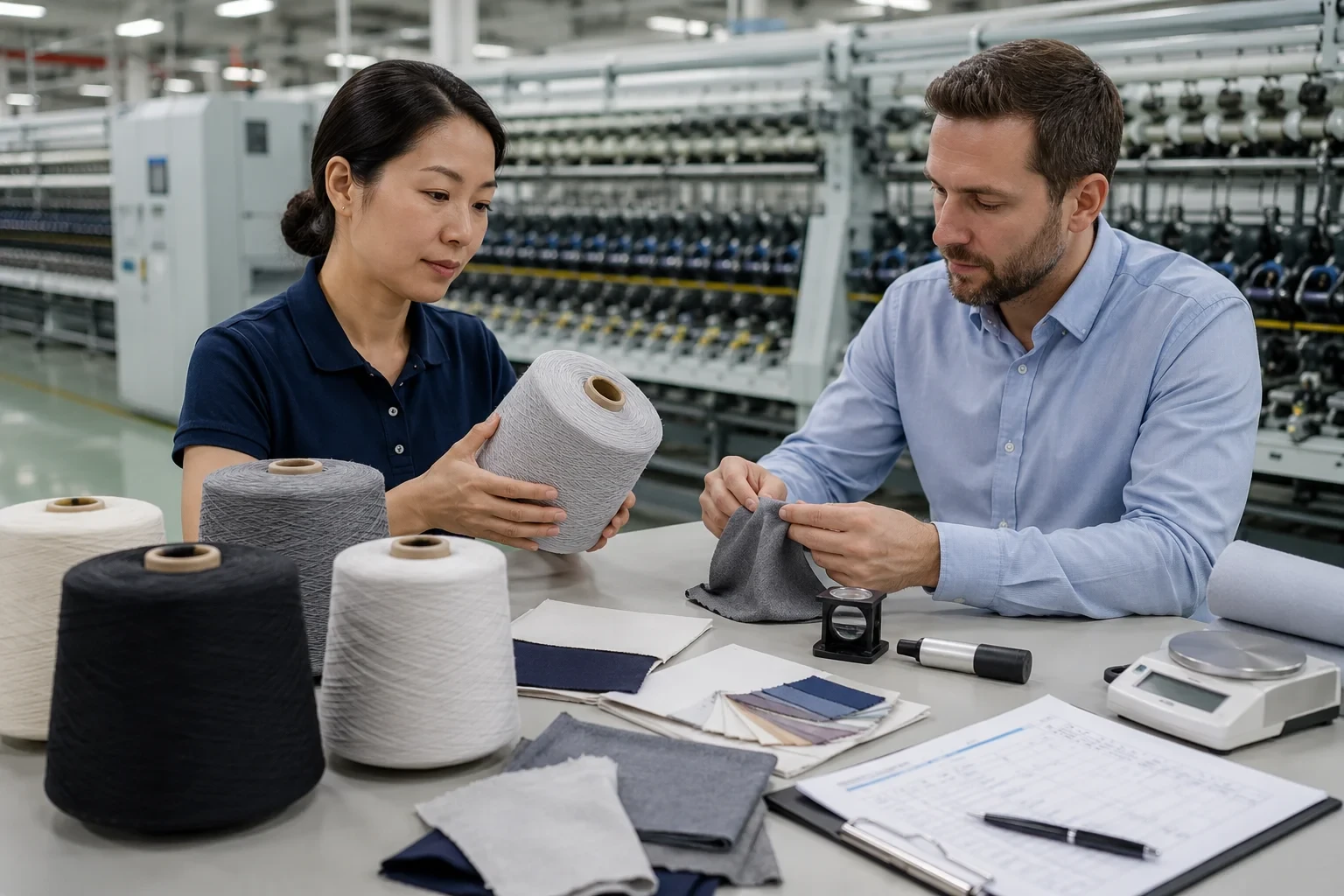 Tìm nguồn cung sợi polyester tái chế và kiểm tra chất lượng tại nhà máy