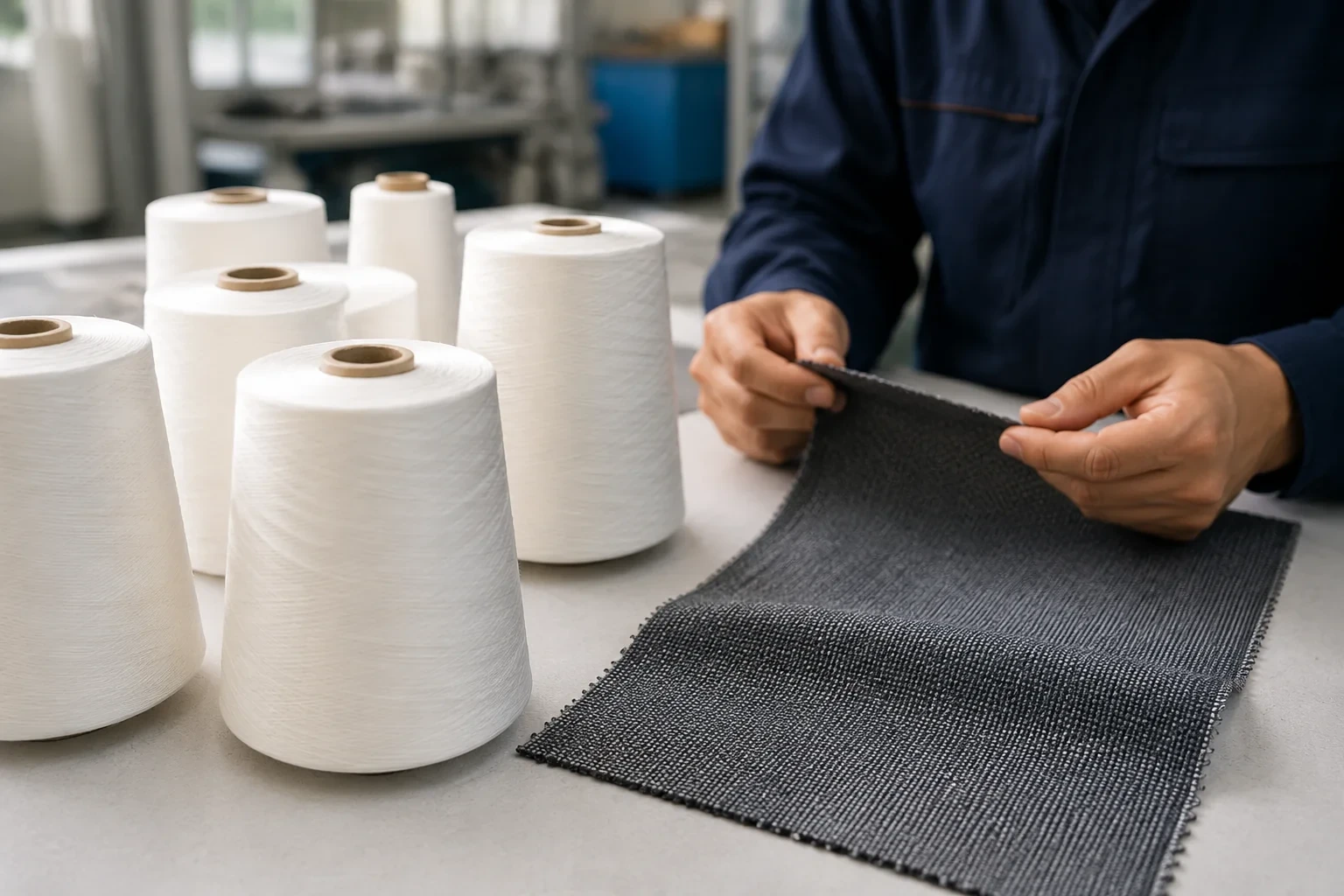 Các ống sợi polyester spun được chuẩn bị để thử nghiệm mẫu vải công nghiệp